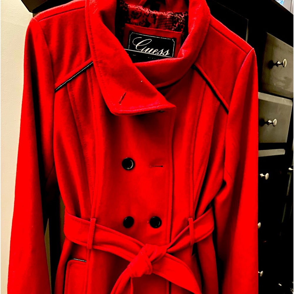 Red Guess 3/4 length coat with double breast/black leather piping/belt